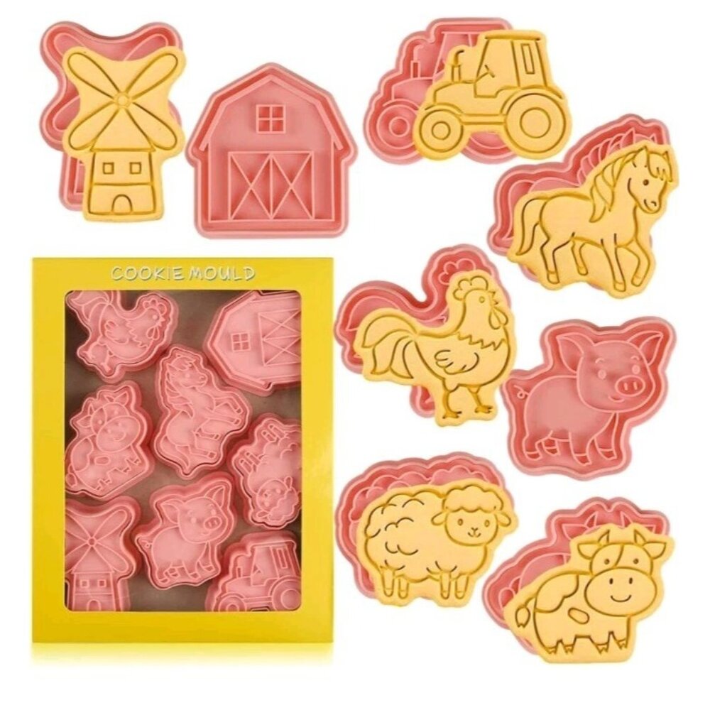 Farm Cookie Cutters Set, 8 Pcs Cookie Cutter with Plunger Stamps, Cute Cookies